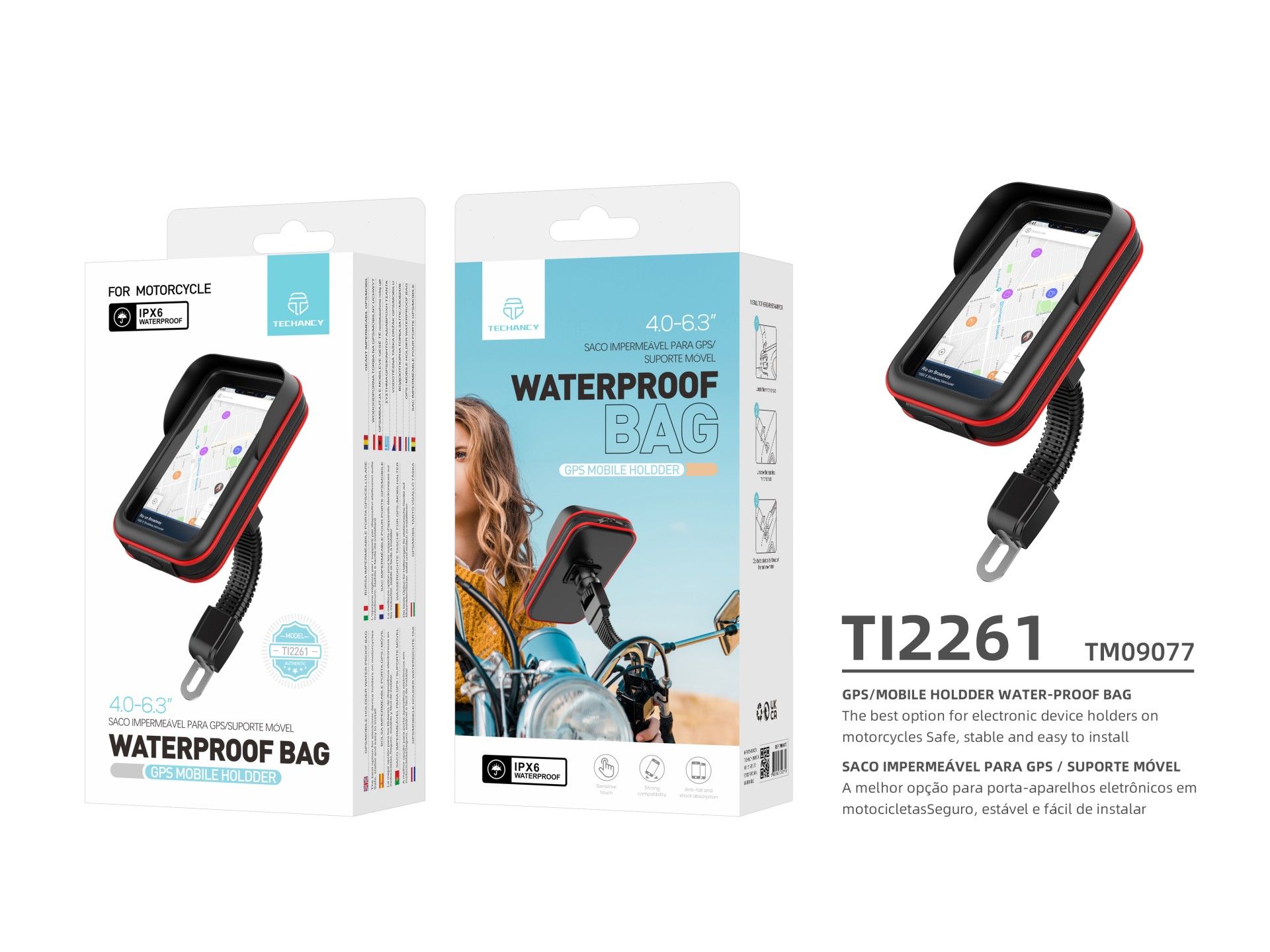 Soporte para teléfono de motocicleta Techancy con función impermeable, negro y rojo, Ti2261, soporte