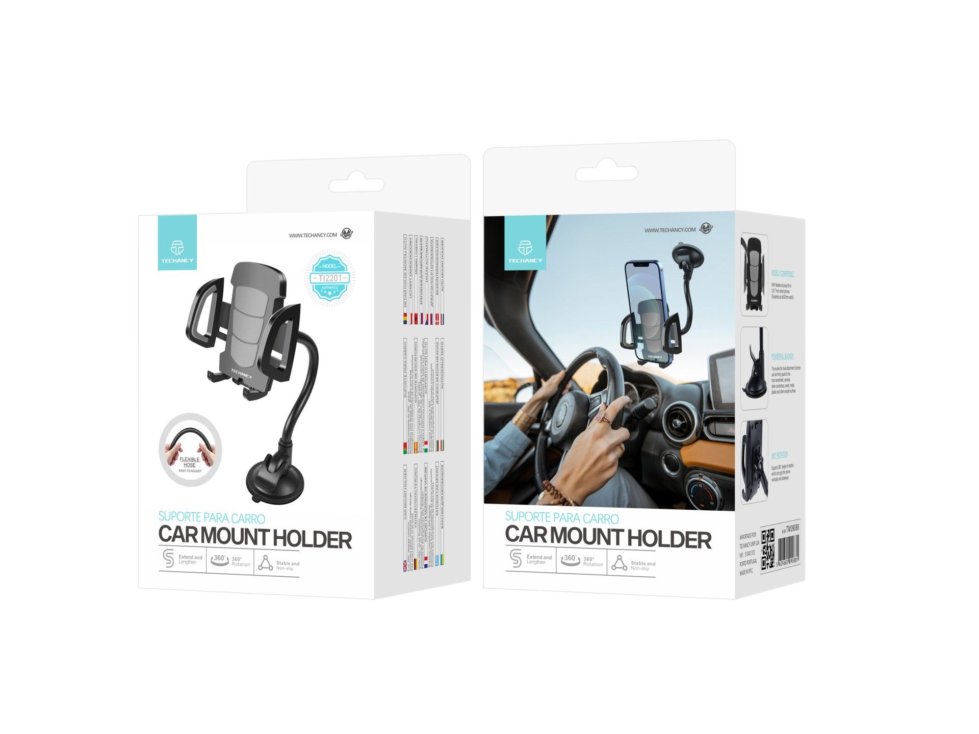 Techancy Ti2201 Car Phone Holder, 360° Rotation, Variable Hose Shape, 4.7-7.2 Inches