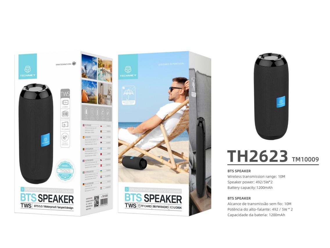 Audio Bluetooth Techancy TH2623 negro, 2 altavoces de 5 W, batería integrada, compatible con conexió