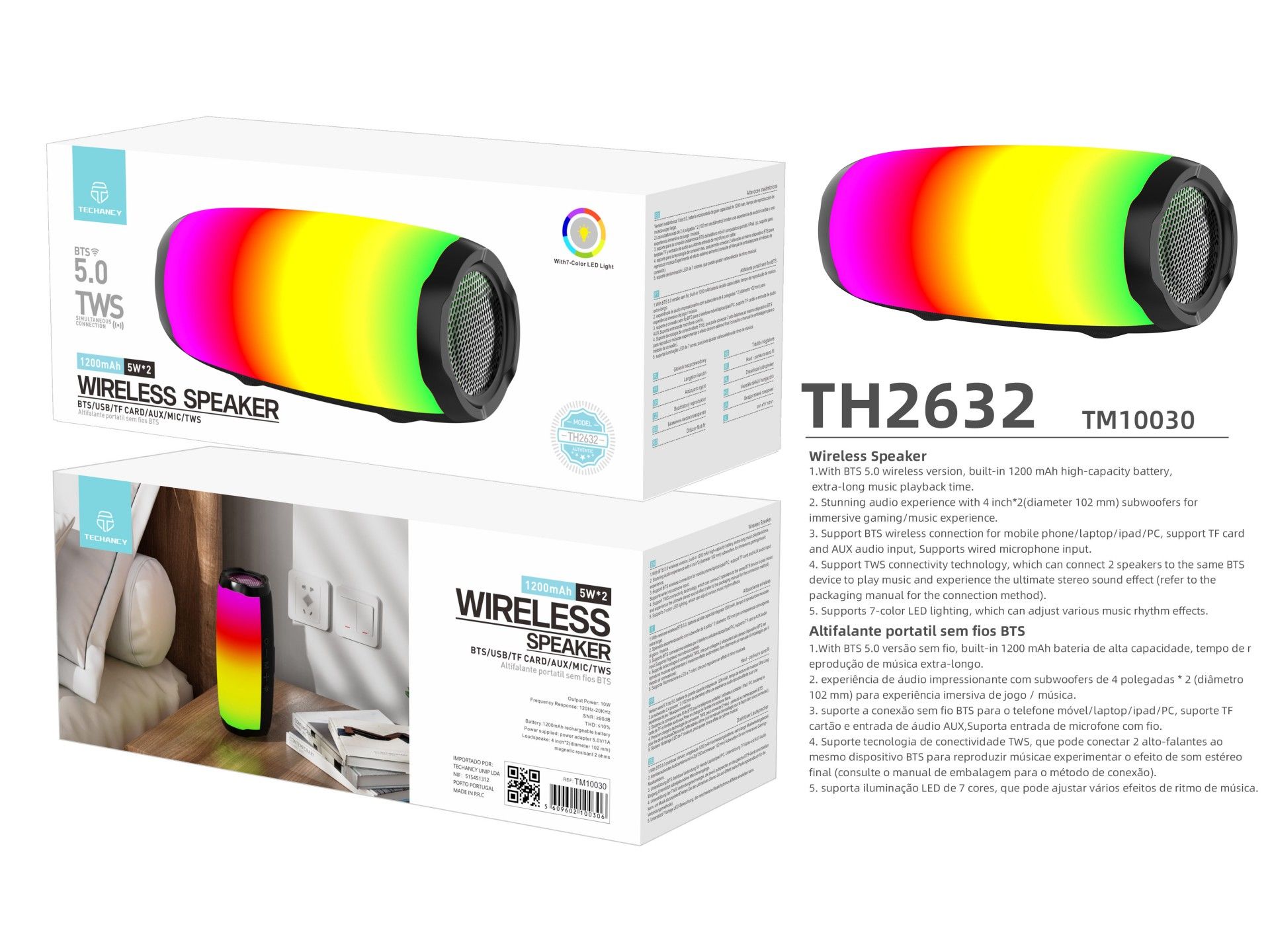 Techancy Audio Bluetooth TH2632, LED de ritmo musical, batería integrada, compatible con conexión in