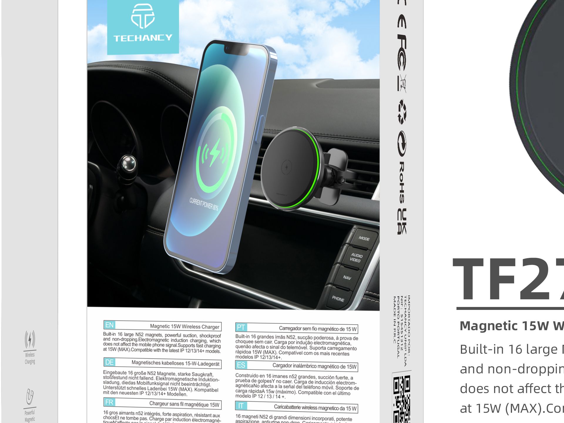 Techancy TF2794 Car Phone Holder with Wireless Charger, 15W Wireless Charging