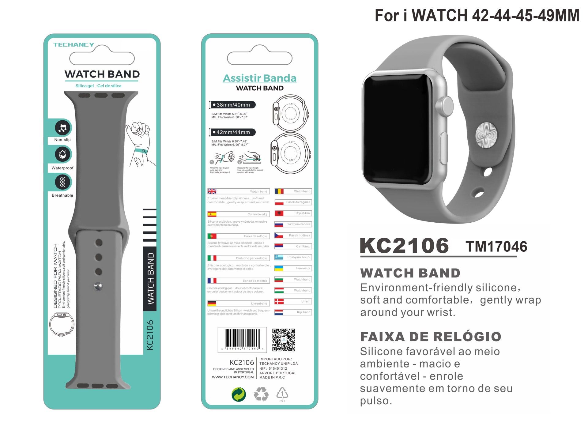 Pulsera de silicona gris Techancy KC2106, compatible con Apple Watch 42/44/45/49 mm, hecha de silico