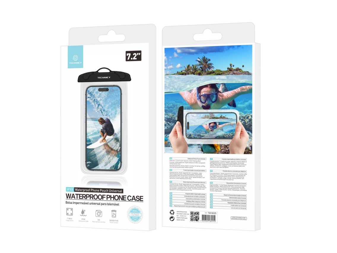 Techancy Capa De Telemóvel À Prova De Água Preta TU7453. Capacidade Extra Grande De 7,2 Polegadas, À