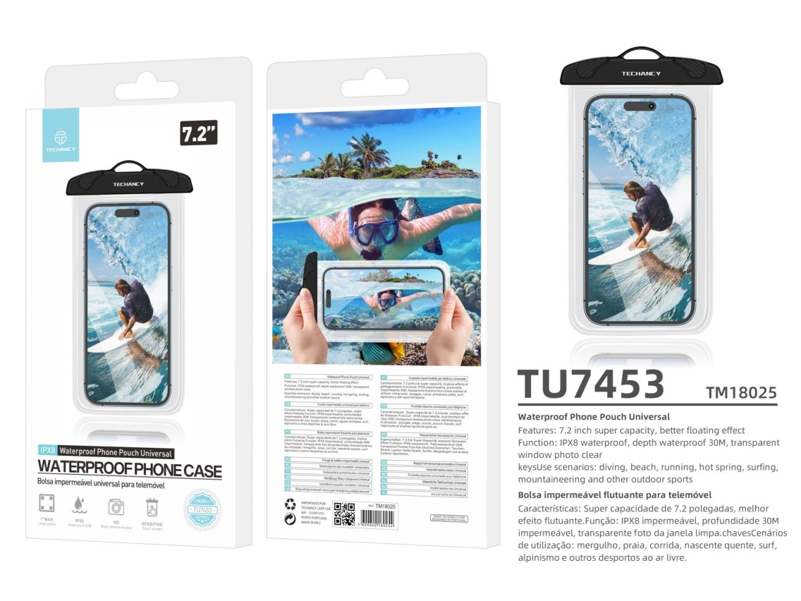 Techancy Capa De Telemóvel À Prova De Água Preta TU7453. Capacidade Extra Grande De 7,2 Polegadas, À