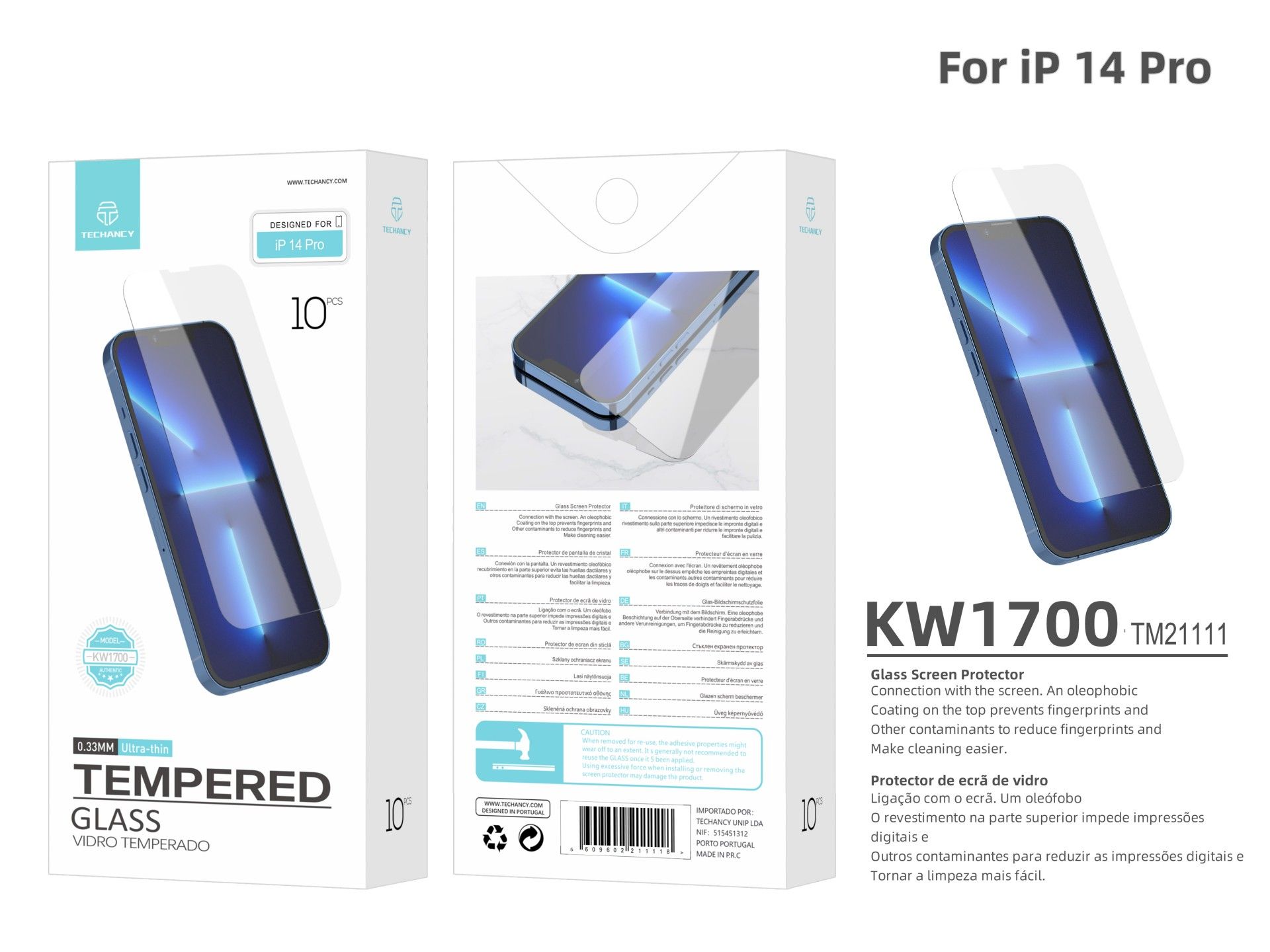 Techancy Tempered Glass Screen Protector for iPhone 14 Pro KW1700, 0.33mm, Scratch-resistant, High T