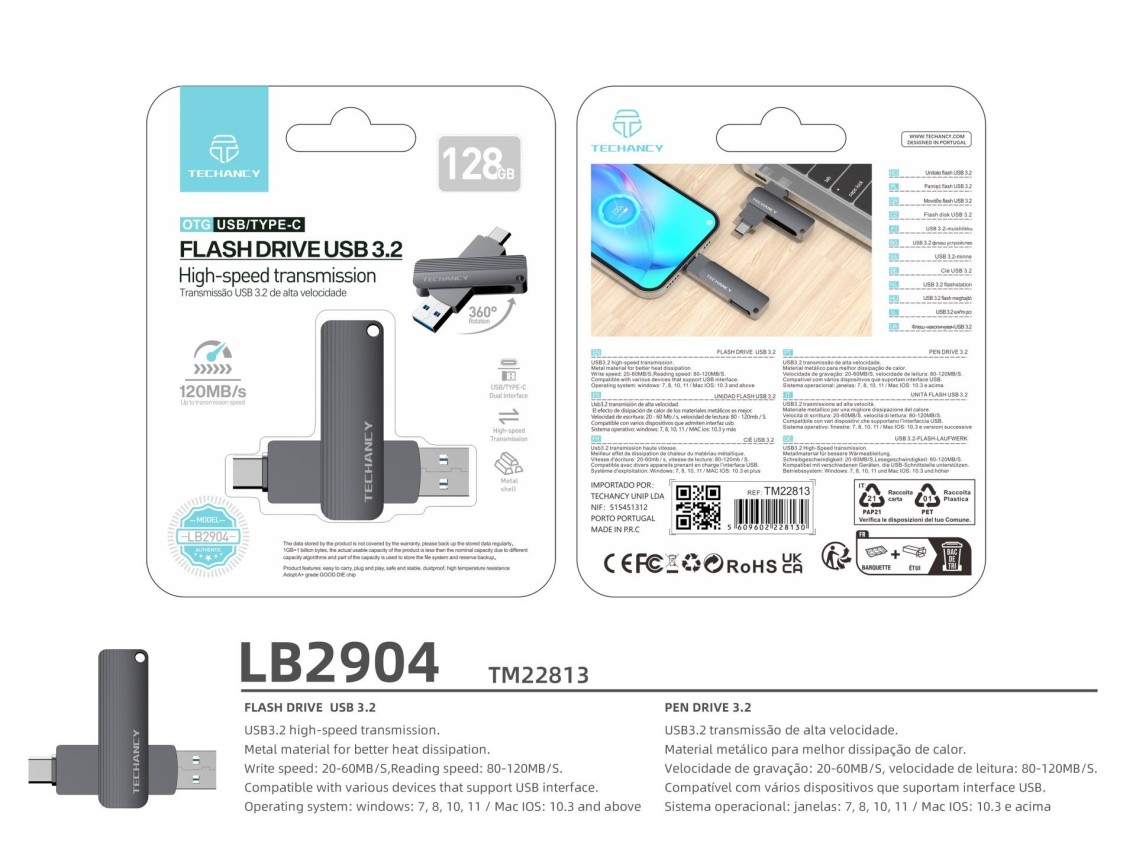 Techancy Unidade Flash Usb3.2 De Alta Velocidade LB2904, 128 GB, Conetor 2 Em 1 Tipo C E Usb-A, Comp