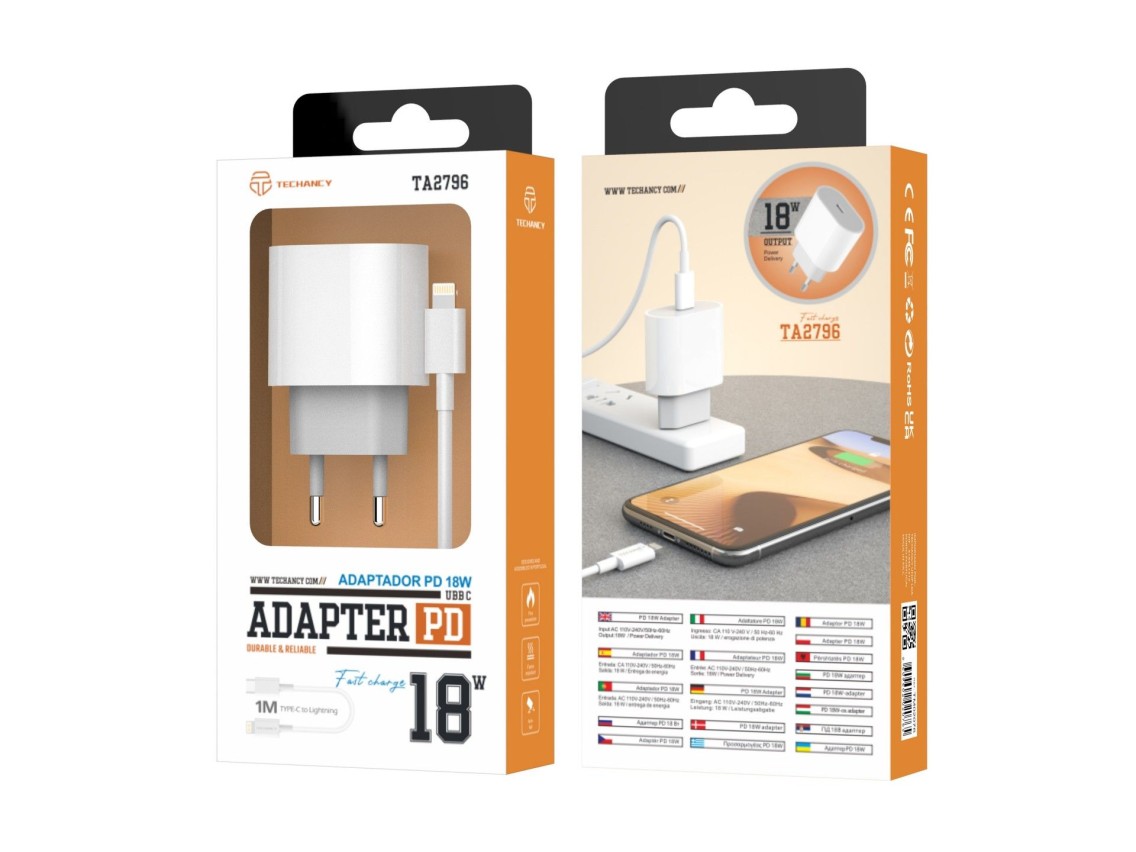 Cargador PD Techancy TA2786 de 18 W, cable Lightning USB-C, carga rápida de 18 W, compacto y portáti