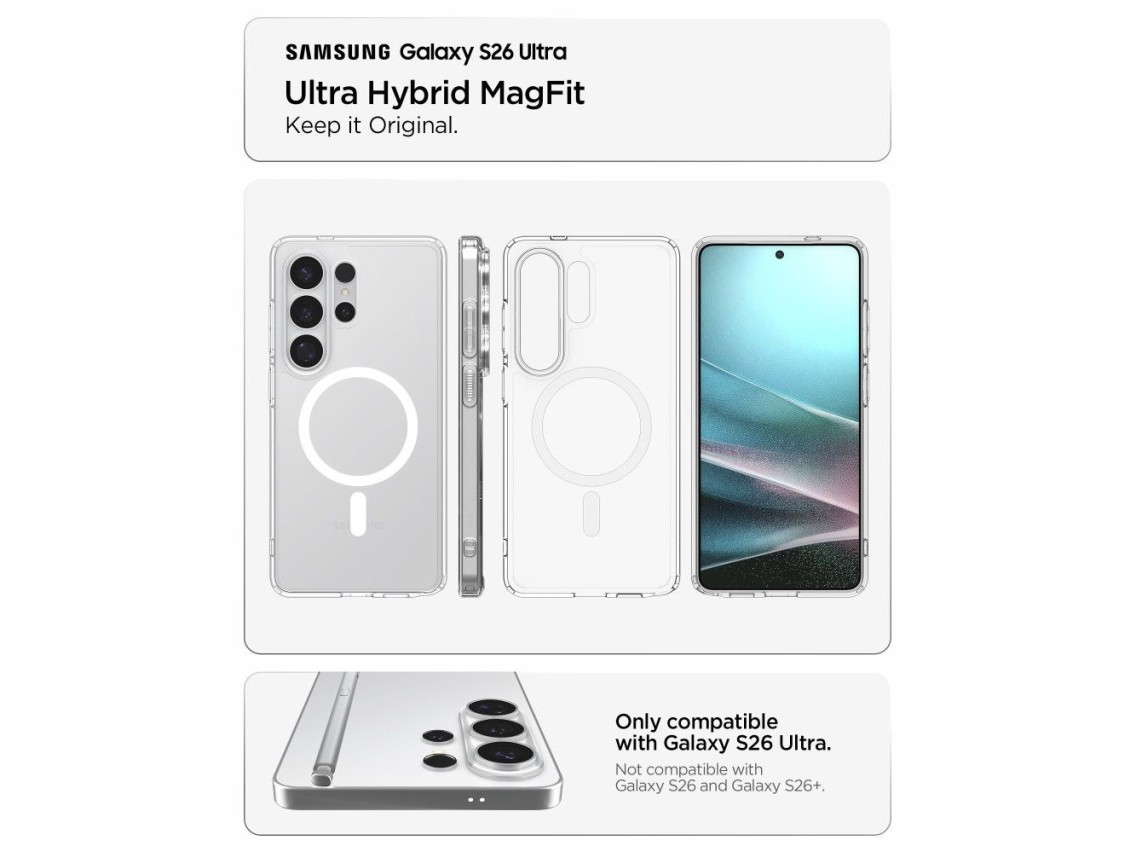 Funda Spigen Ultra Hybrid MagSafe para Samsung Galaxy S26 Ultra (transparente y blanca)