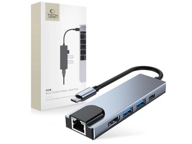 Concentrador Tech-Protect V3 5 en 1 USB-C - USB-A 3.0 / USB-A 2.0 / USB-C / HDMI / RJ45 - gris
