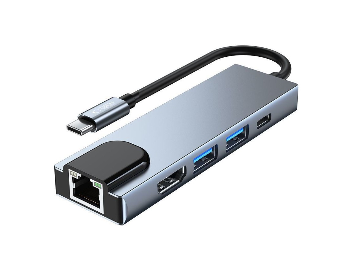 Hub Tech-Protect V3 5 em 1 USB-C - USB-A 3.0 / USB-A 2.0 / USB-C / HDMI / RJ45 - cinza