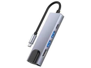 Concentrador Tech-Protect V3 5 en 1 USB-C - USB-A 3.0 / USB-A 2.0 / USB-C / HDMI / RJ45 - gris