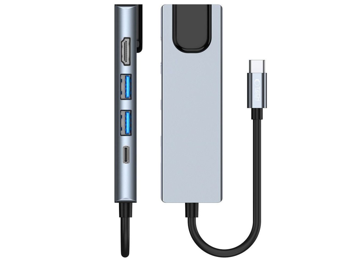 Hub Tech-Protect V3 5 em 1 USB-C - USB-A 3.0 / USB-A 2.0 / USB-C / HDMI / RJ45 - cinza