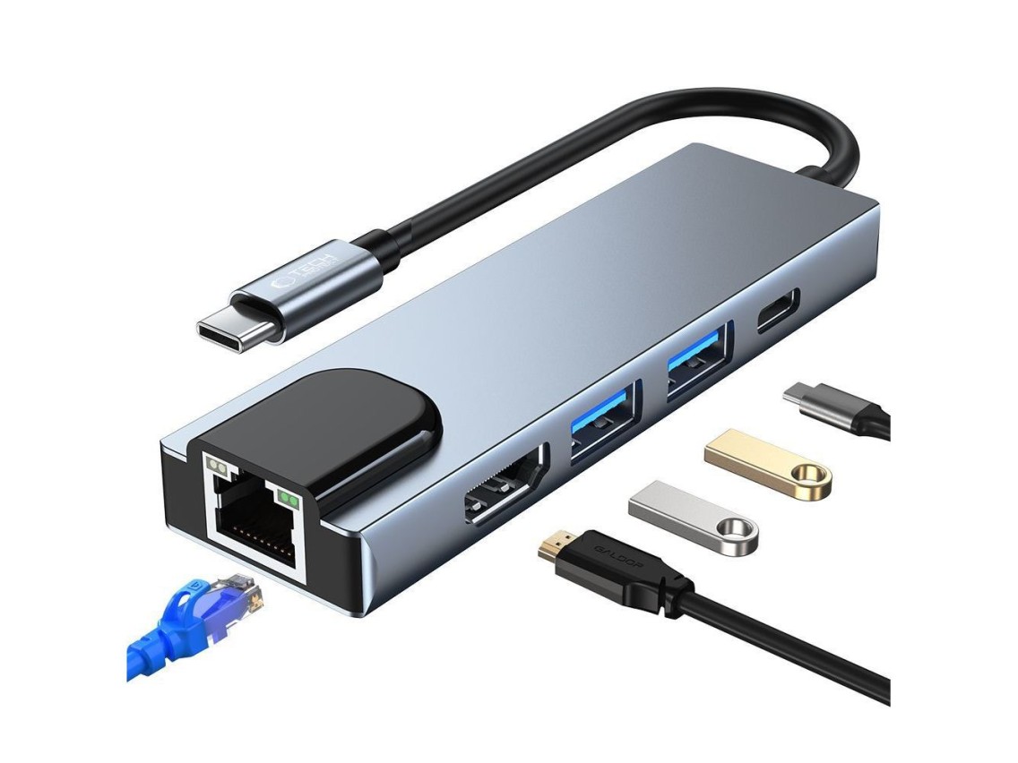 Hub Tech-Protect V3 5 em 1 USB-C - USB-A 3.0 / USB-A 2.0 / USB-C / HDMI / RJ45 - cinza
