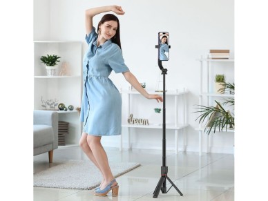 Bast�o de selfie Bluetooth Tech-Protect L04S com trip�, alcance de at� 95 cm e rota��o de 360� - Pre