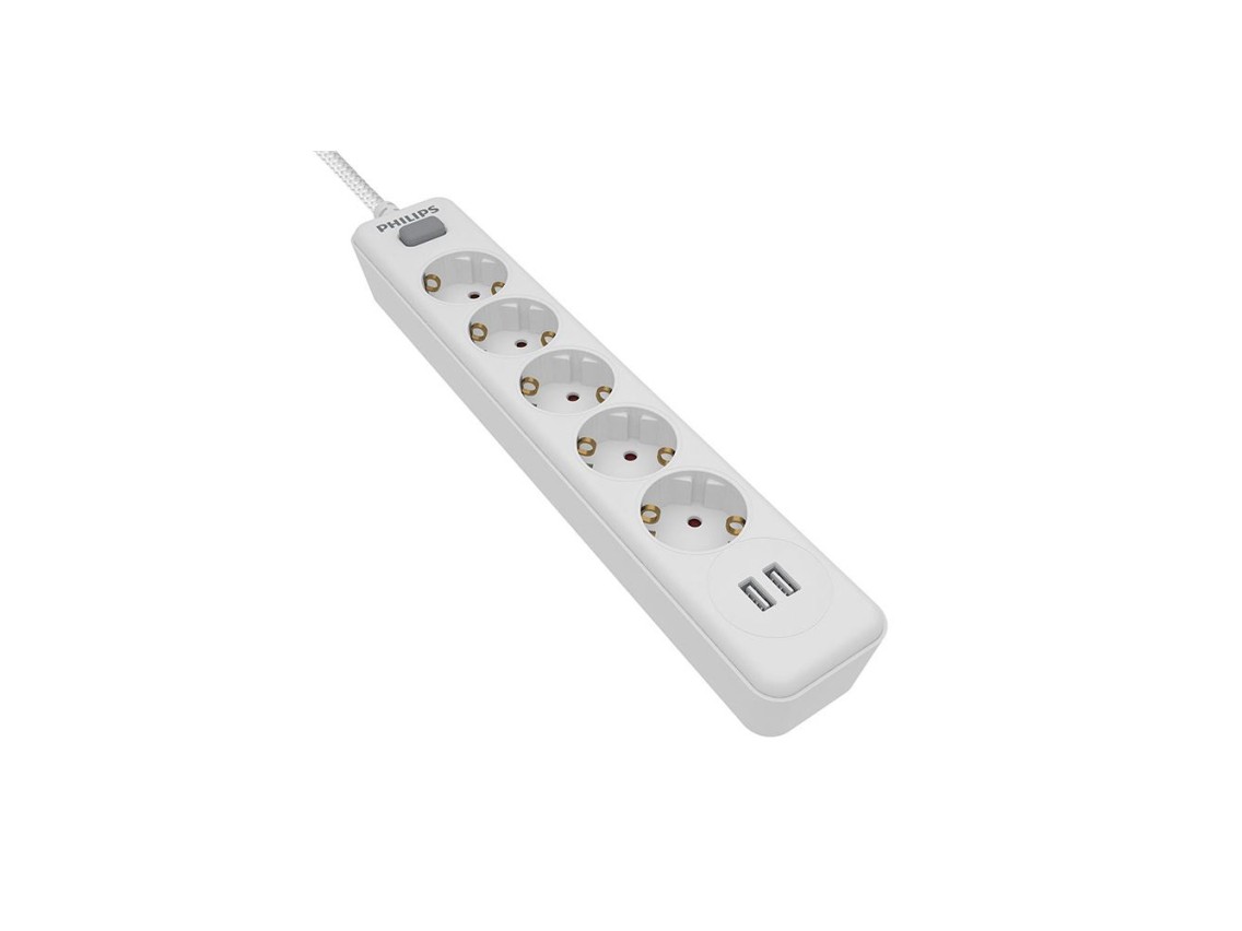 5-socket schuko power strip with switch + 2 usb a ports, 2m cable, 16a 230v~, white