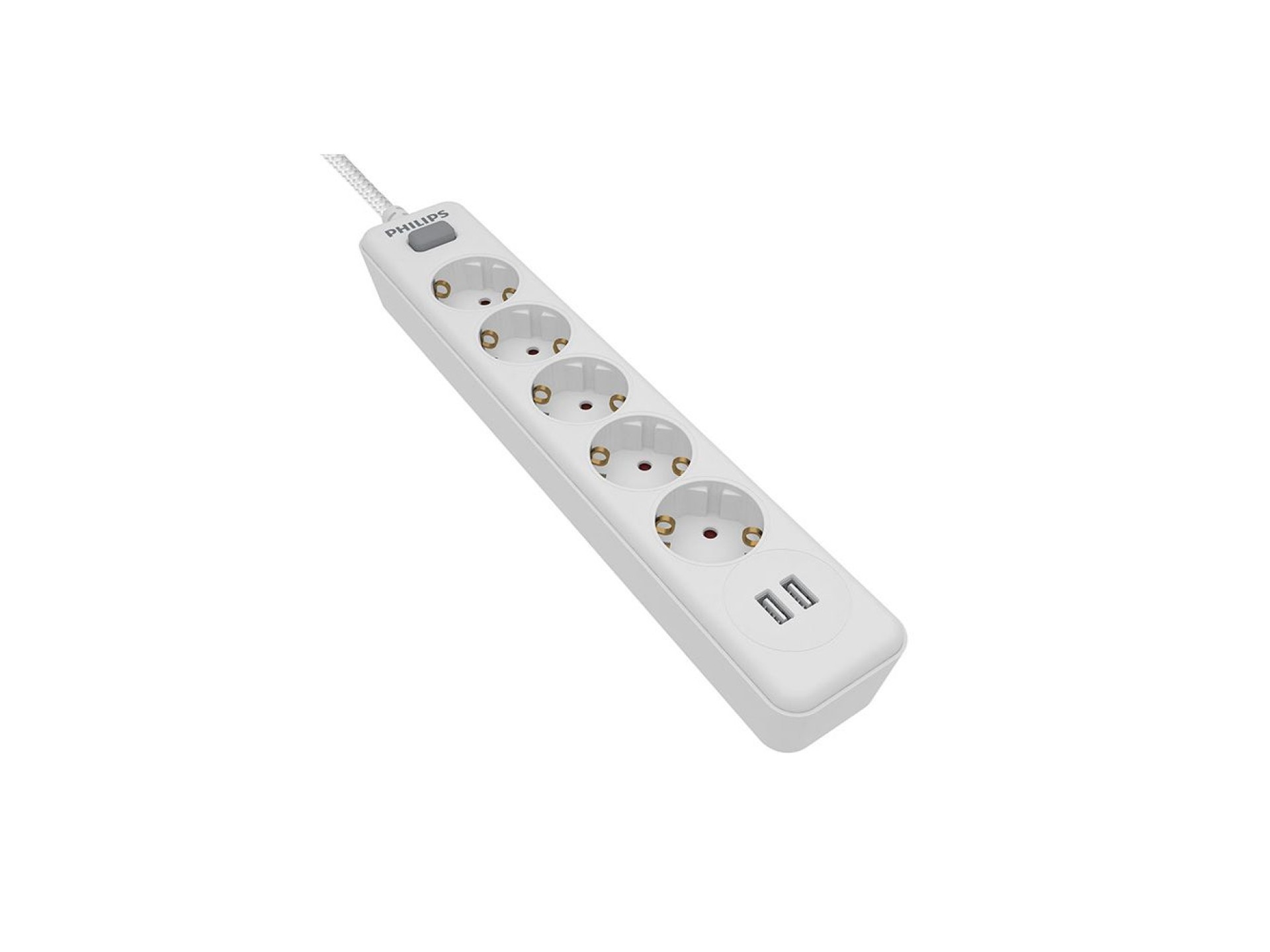 5-socket schuko power strip with switch + 2 usb a ports, 2m cable, 16a 230v~, white