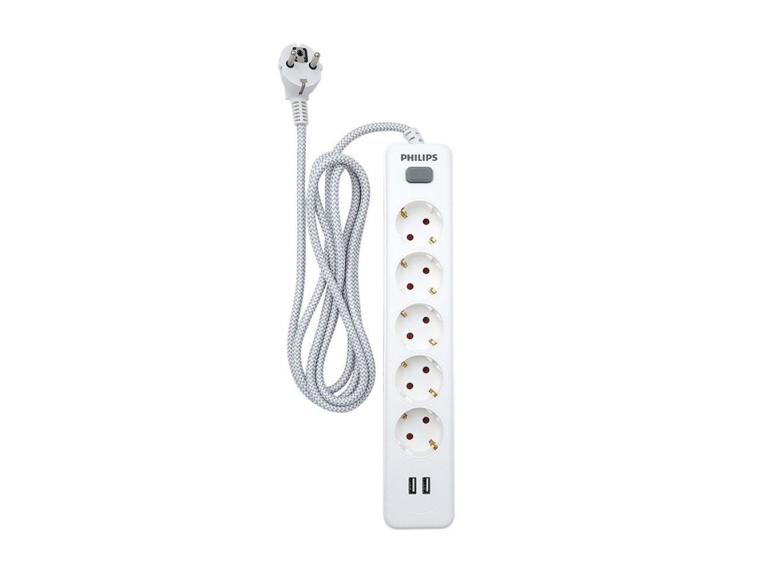 5-socket schuko power strip with switch + 2 usb a ports, 2m cable, 16a 230v~, white