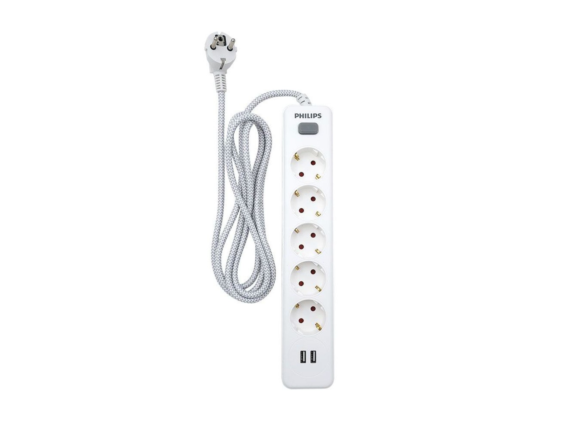 5-socket schuko power strip with switch + 2 usb a ports, 2m cable, 16a 230v~, white