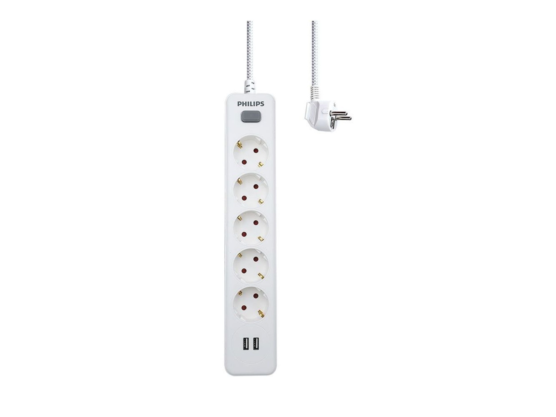 5-socket schuko power strip with switch + 2 usb a ports, 2m cable, 16a 230v~, white