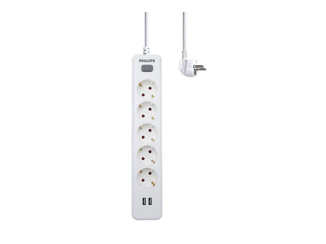 5-socket schuko power strip with switch + 2 usb a ports, 2m cable, 16a 230v~, white