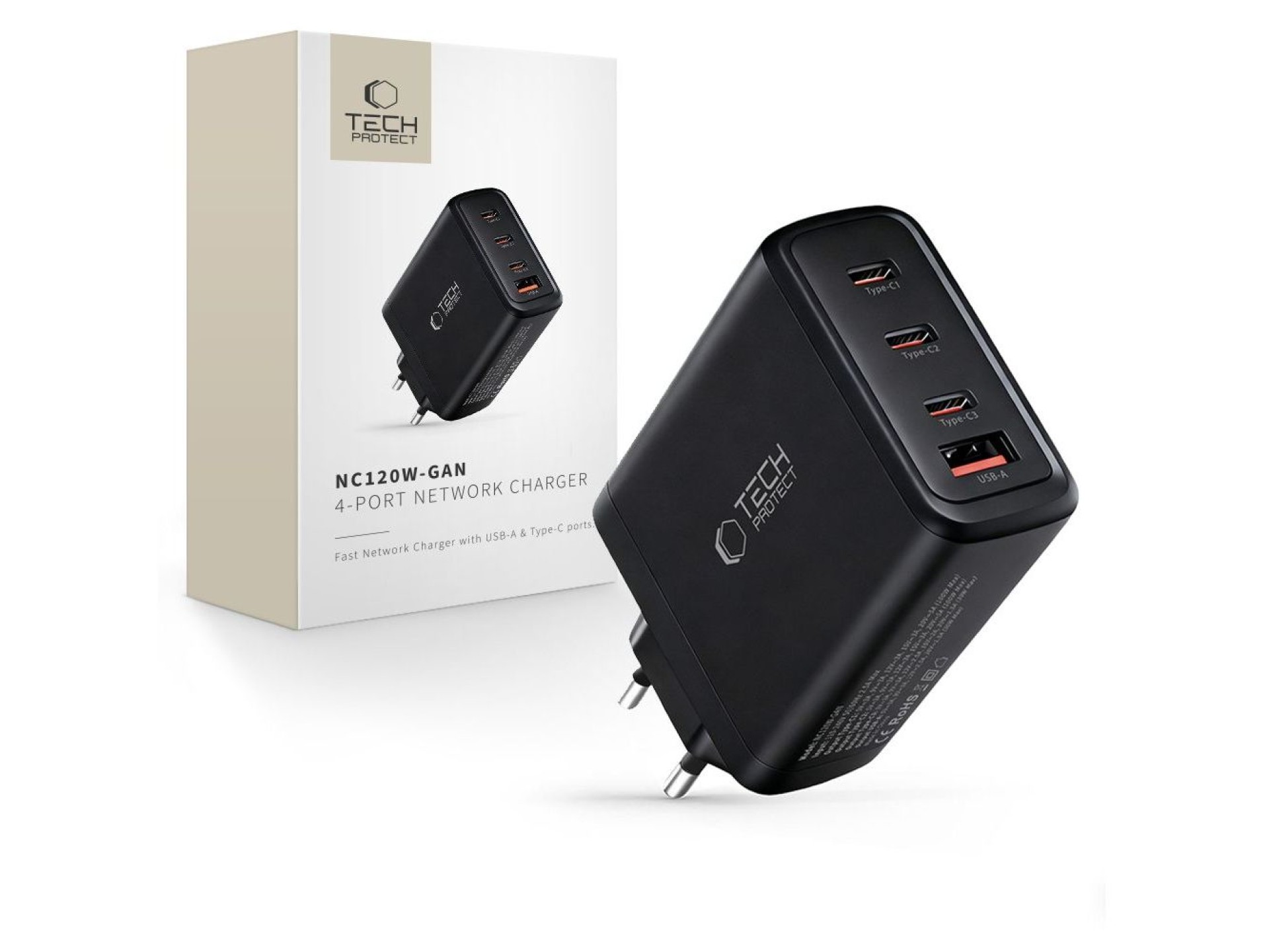 Carregador de parede Tech-Protect NC120W-GAN de 4 portas e 120 W - Preto