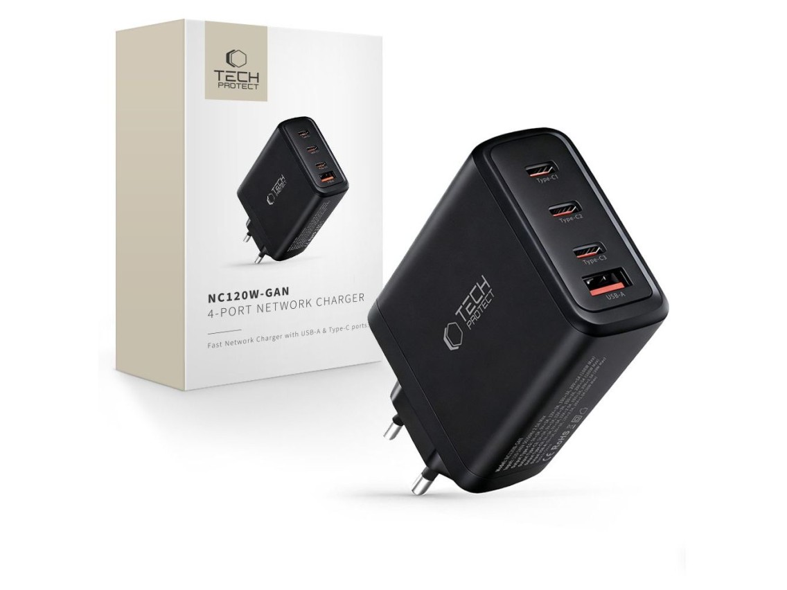 Carregador de parede Tech-Protect NC120W-GAN de 4 portas e 120 W - Preto