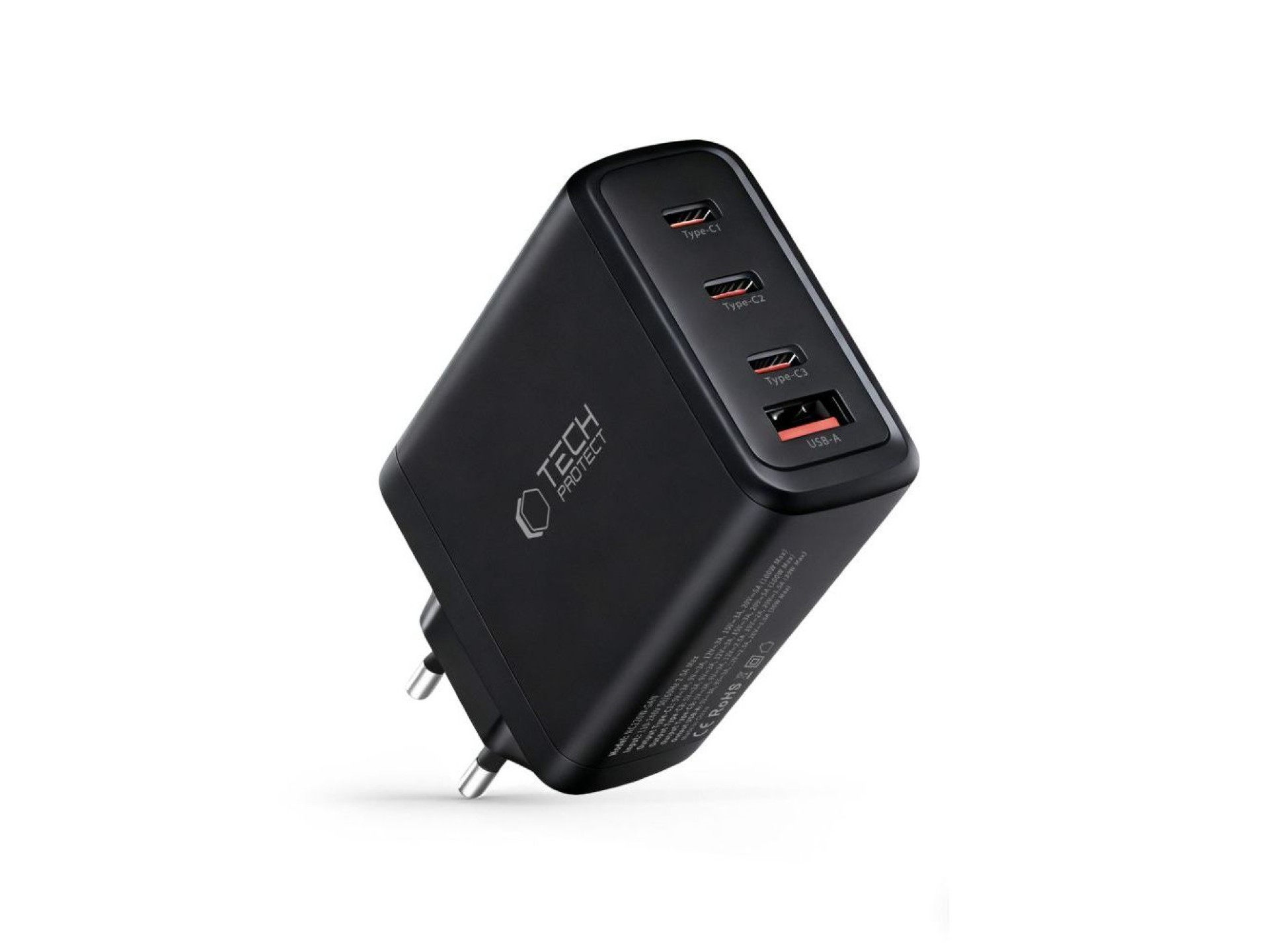 Carregador de parede Tech-Protect NC120W-GAN de 4 portas e 120 W - Preto