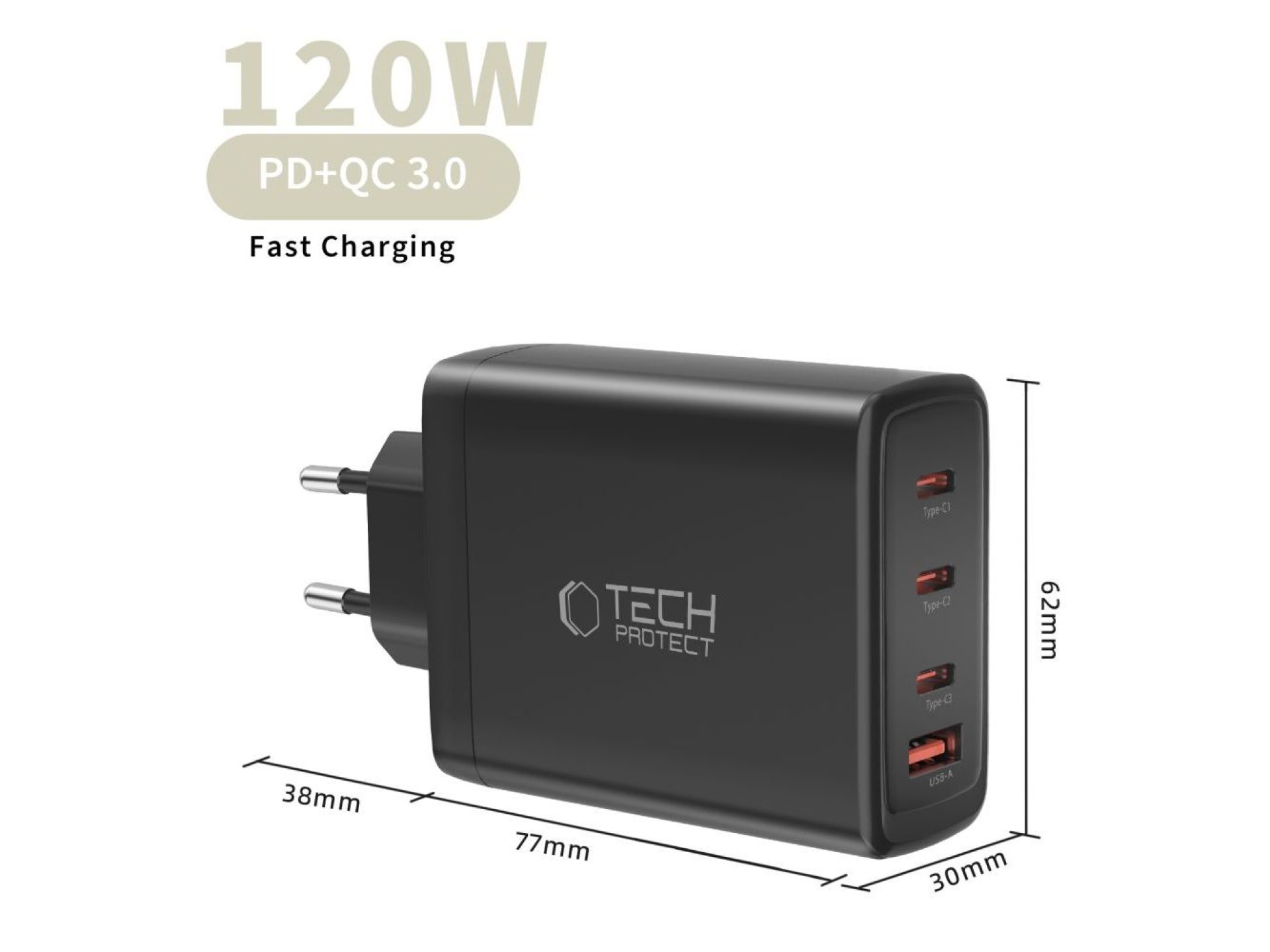 Carregador de parede Tech-Protect NC120W-GAN de 4 portas e 120 W - Preto