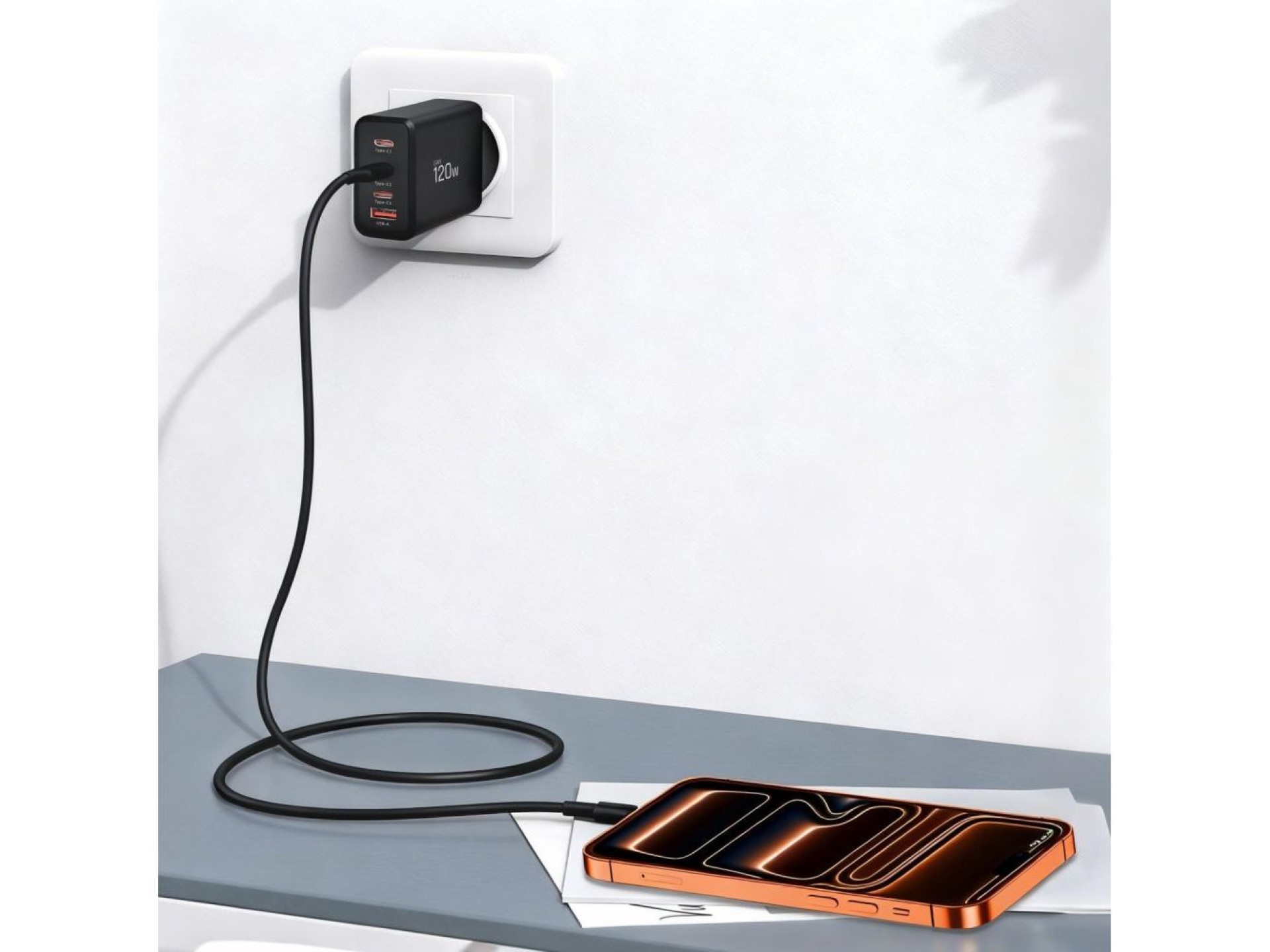 Carregador de parede Tech-Protect NC120W-GAN de 4 portas e 120 W - Preto