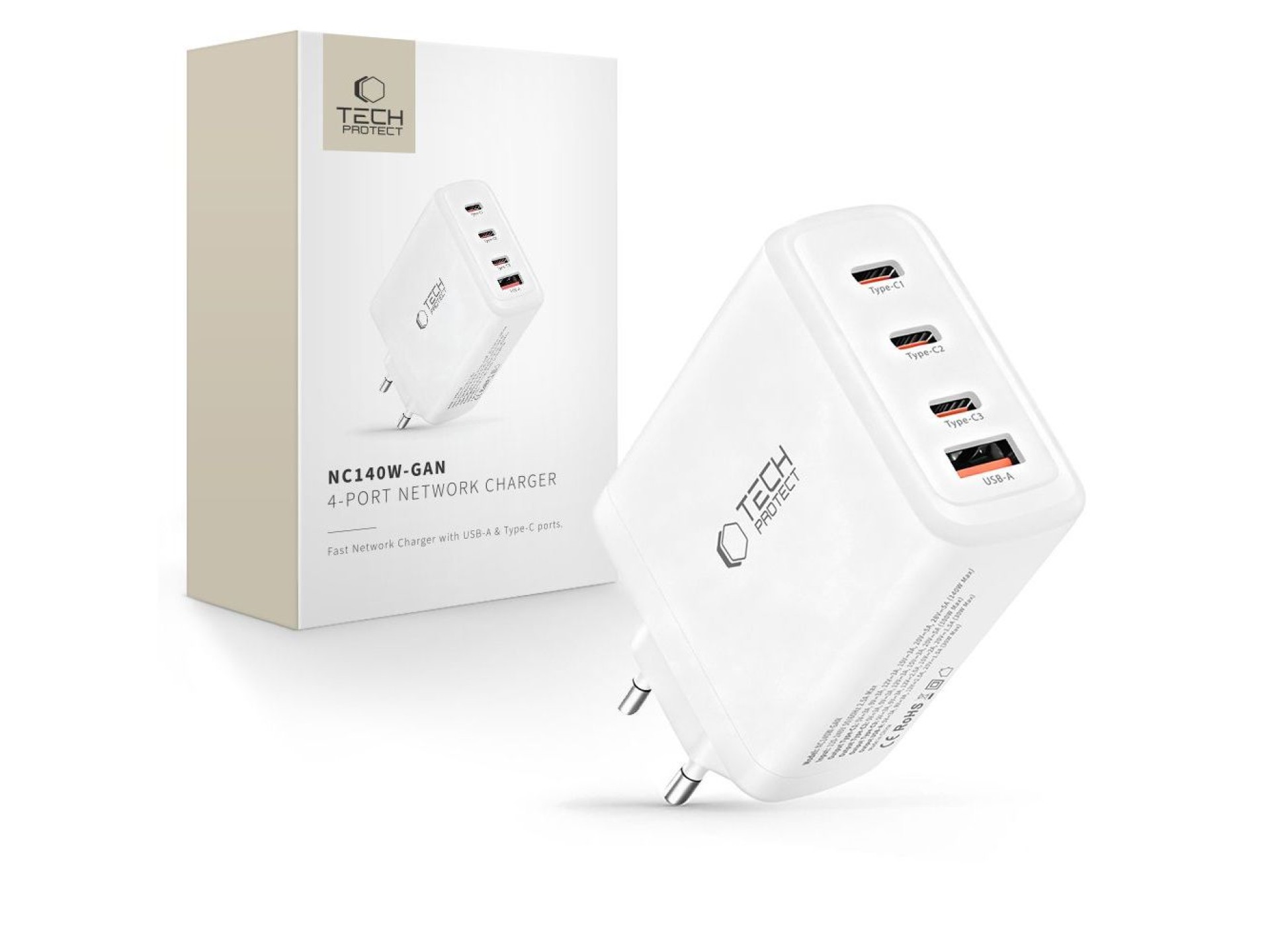 Carregador de parede Tech-Protect NC140W-GAN de 4 portas e 140 W - Branco