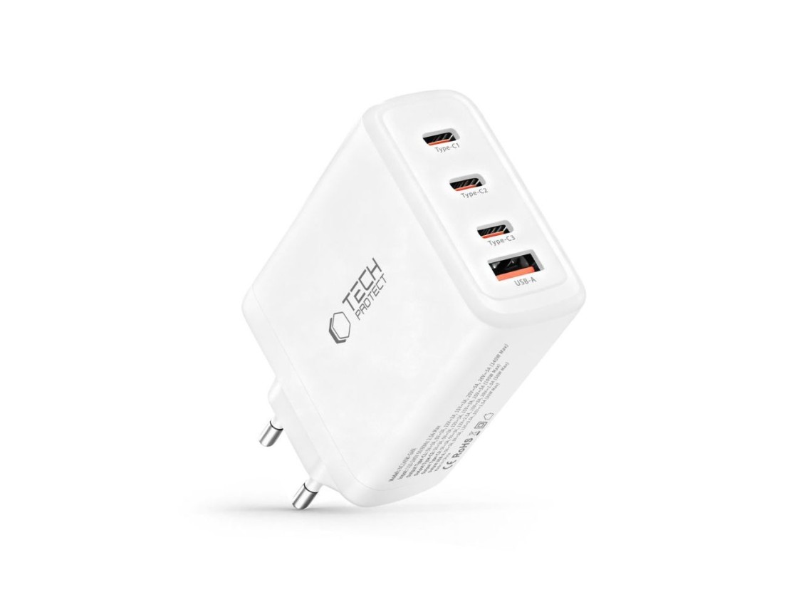 Carregador de parede Tech-Protect NC140W-GAN de 4 portas e 140 W - Branco