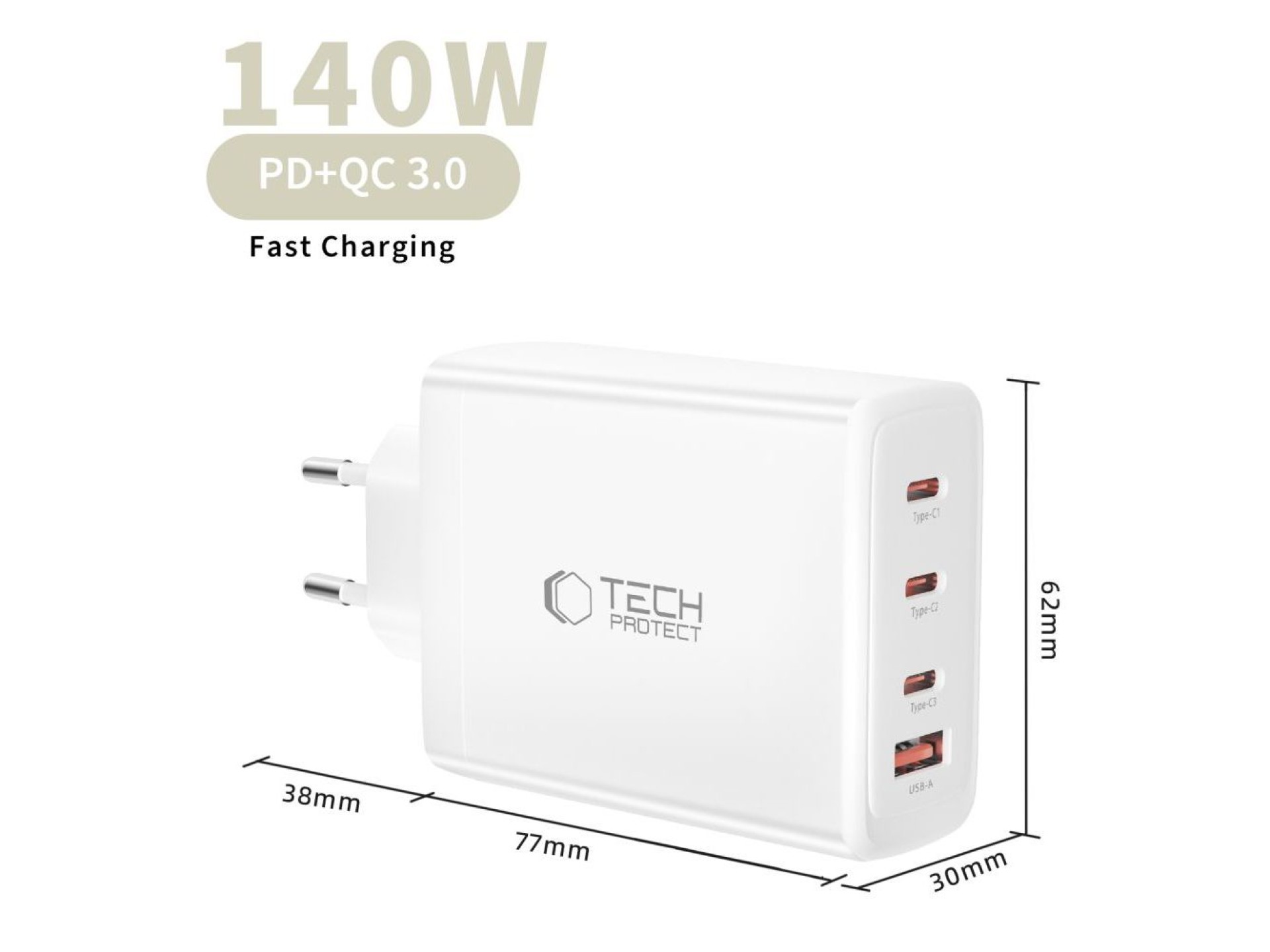 Carregador de parede Tech-Protect NC140W-GAN de 4 portas e 140 W - Branco