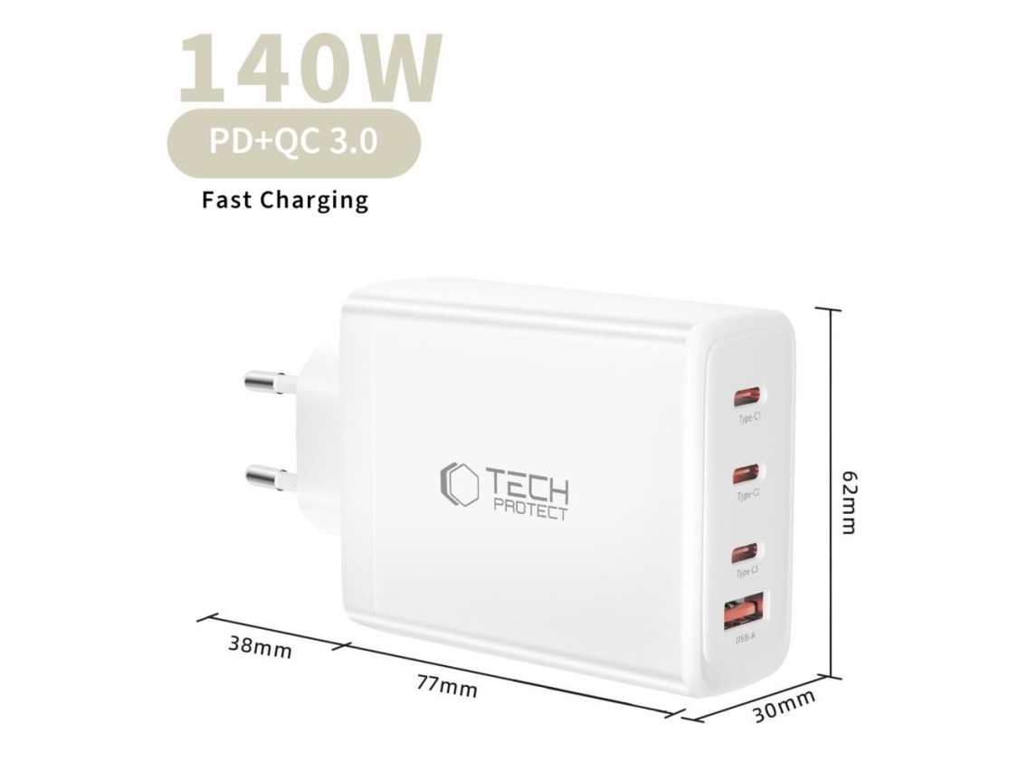 Carregador de parede Tech-Protect NC140W-GAN de 4 portas e 140 W - Branco