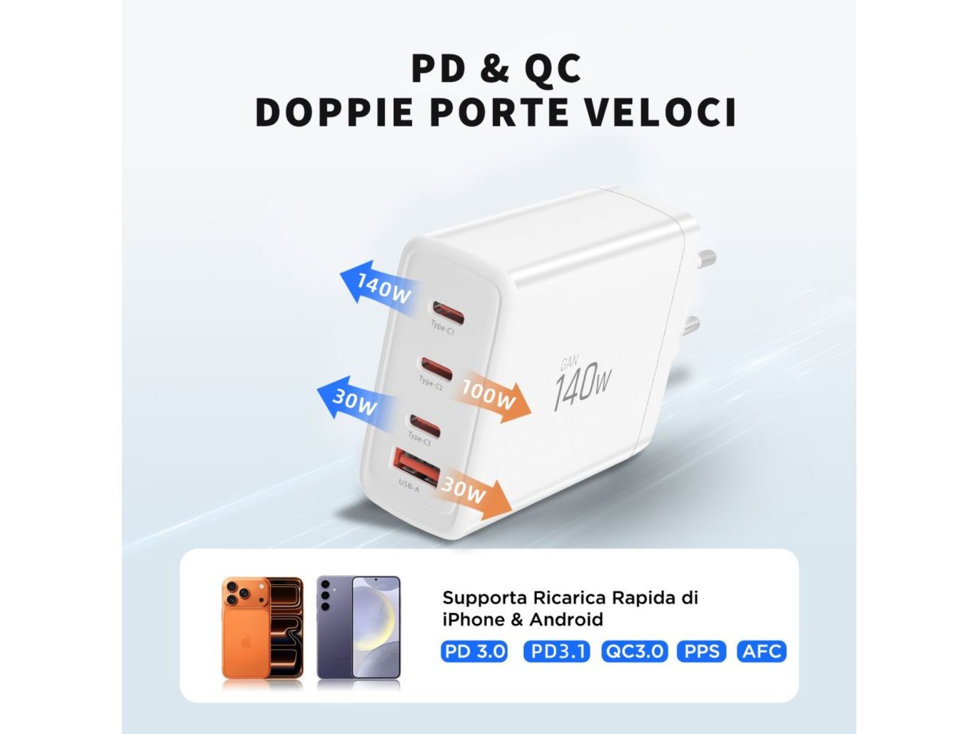 Carregador de parede Tech-Protect NC140W-GAN de 4 portas e 140 W - Branco
