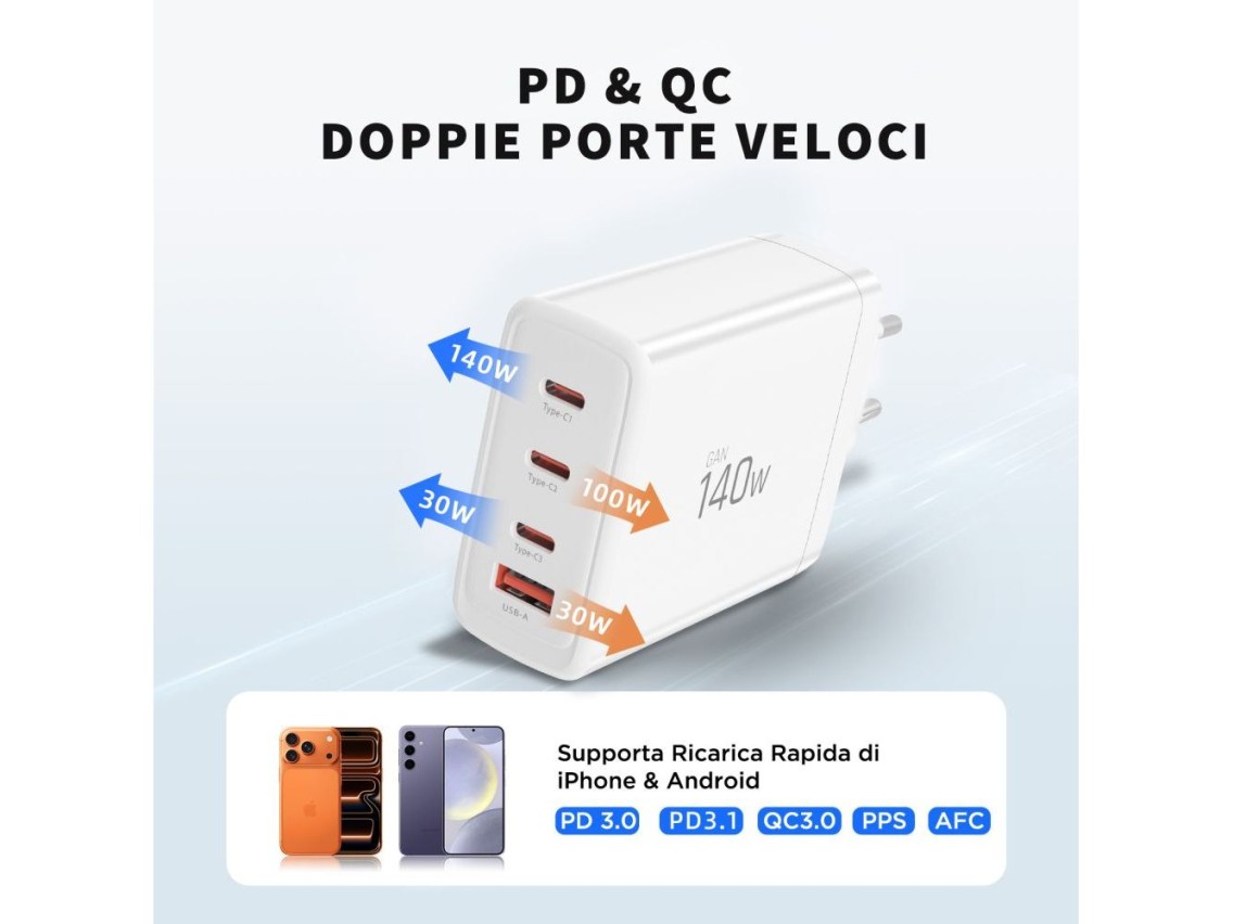 Carregador de parede Tech-Protect NC140W-GAN de 4 portas e 140 W - Branco