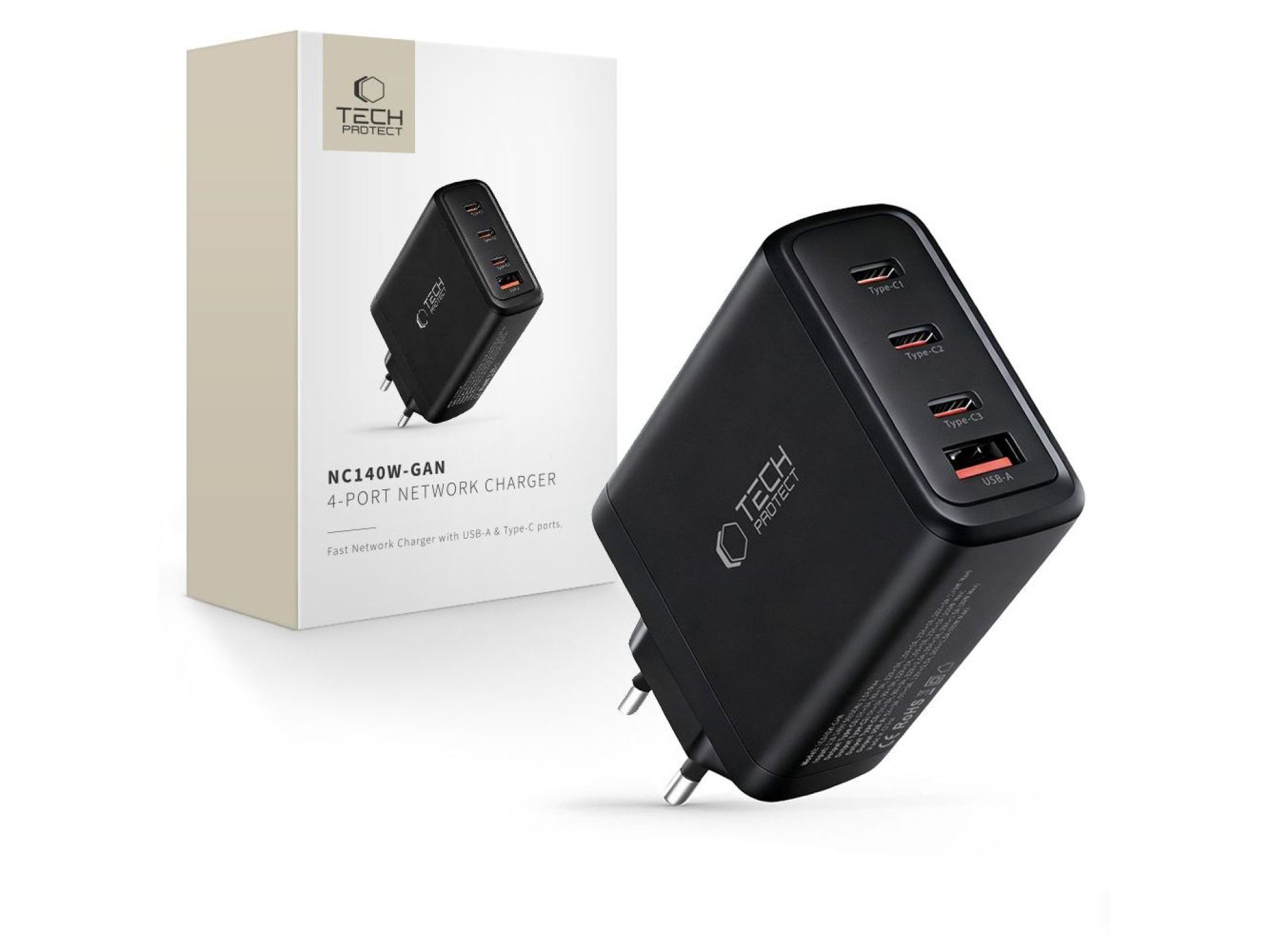 Cargador de pared Tech-Protect NC140W-GAN de 4 puertos y 140 W - Negro