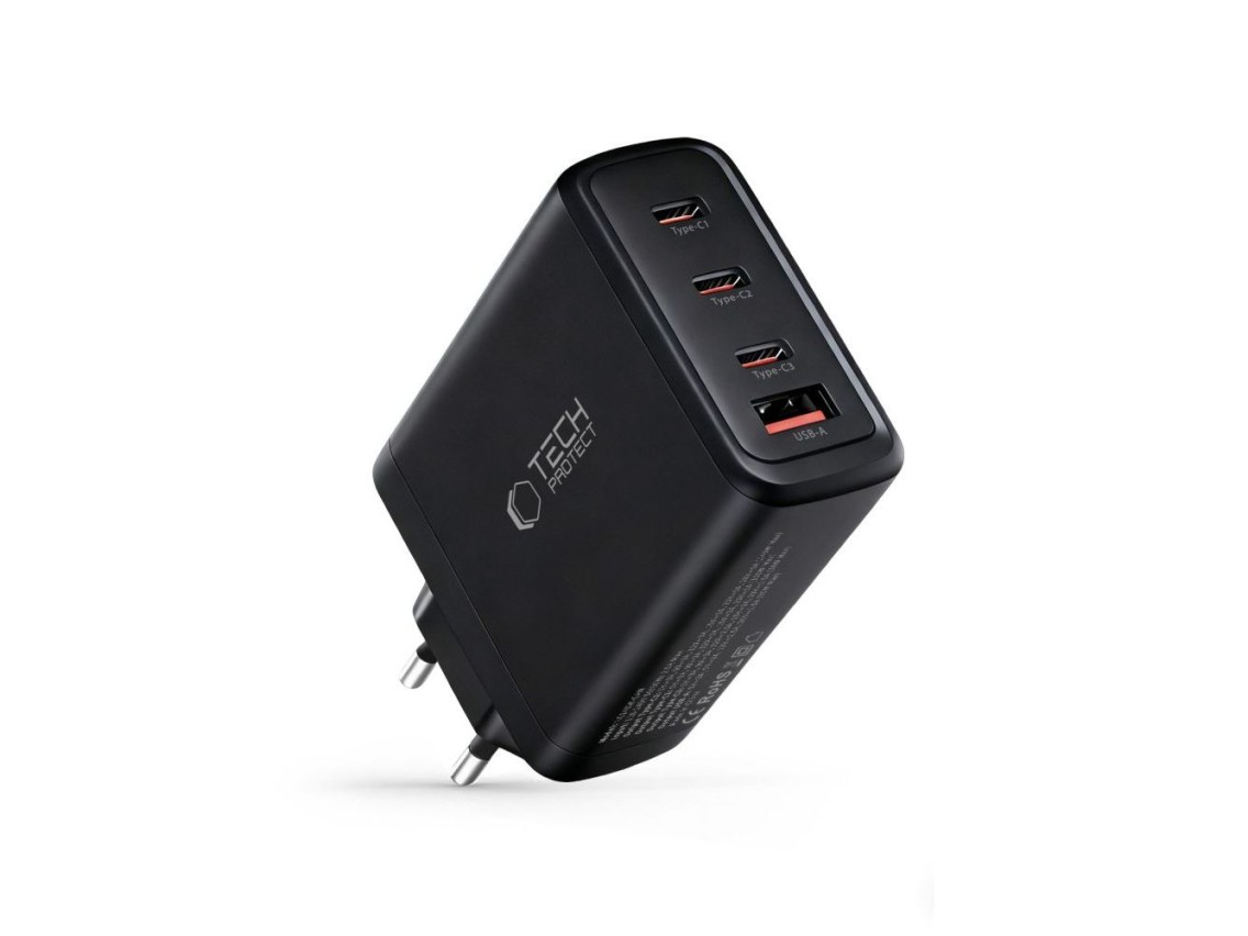 Cargador de pared Tech-Protect NC140W-GAN de 4 puertos y 140 W - Negro