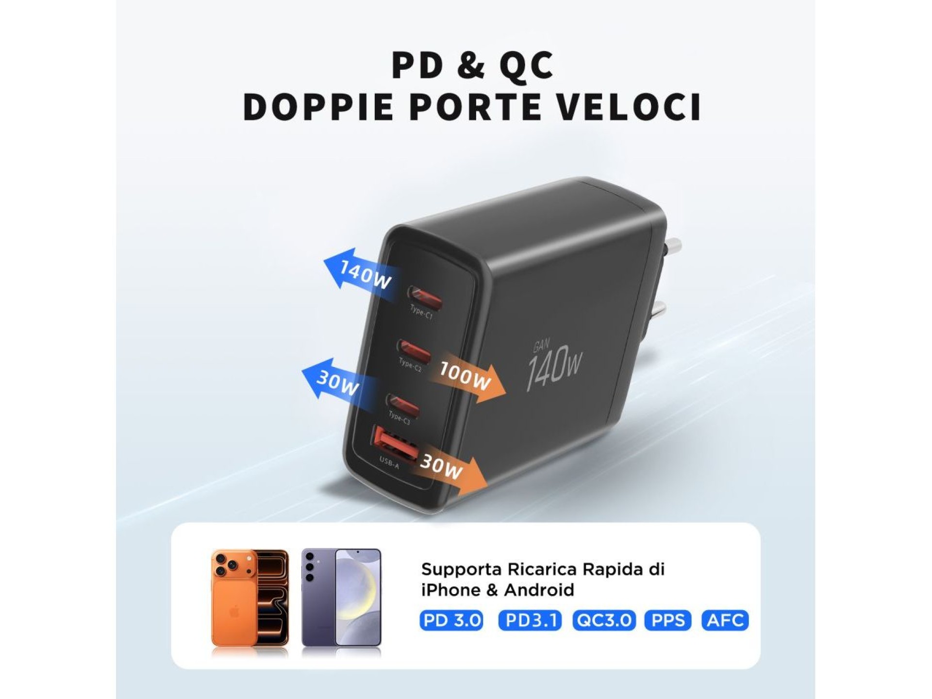 Cargador de pared Tech-Protect NC140W-GAN de 4 puertos y 140 W - Negro