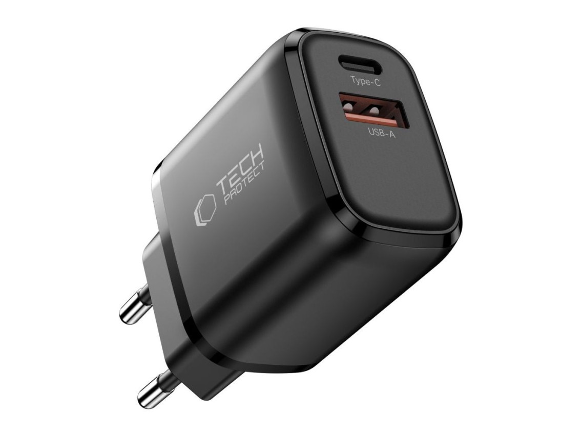 Cargador de pared Tech-Protect NCA45W-GAN de 2 puertos USB-C/USB-A de 45 W - Negro