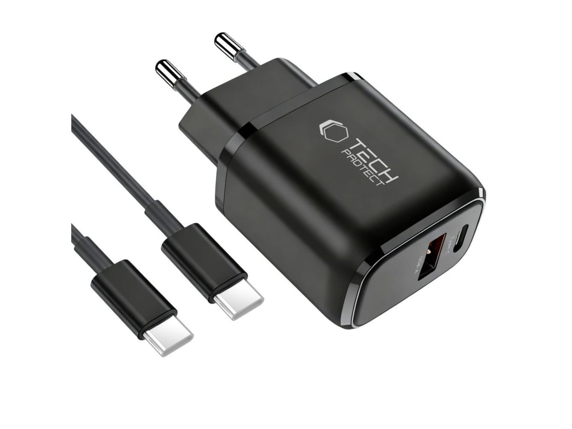 Cargador de pared Tech-Protect NCA45W-GAN de 2 puertos y 45 W con cable USB-C - Negro