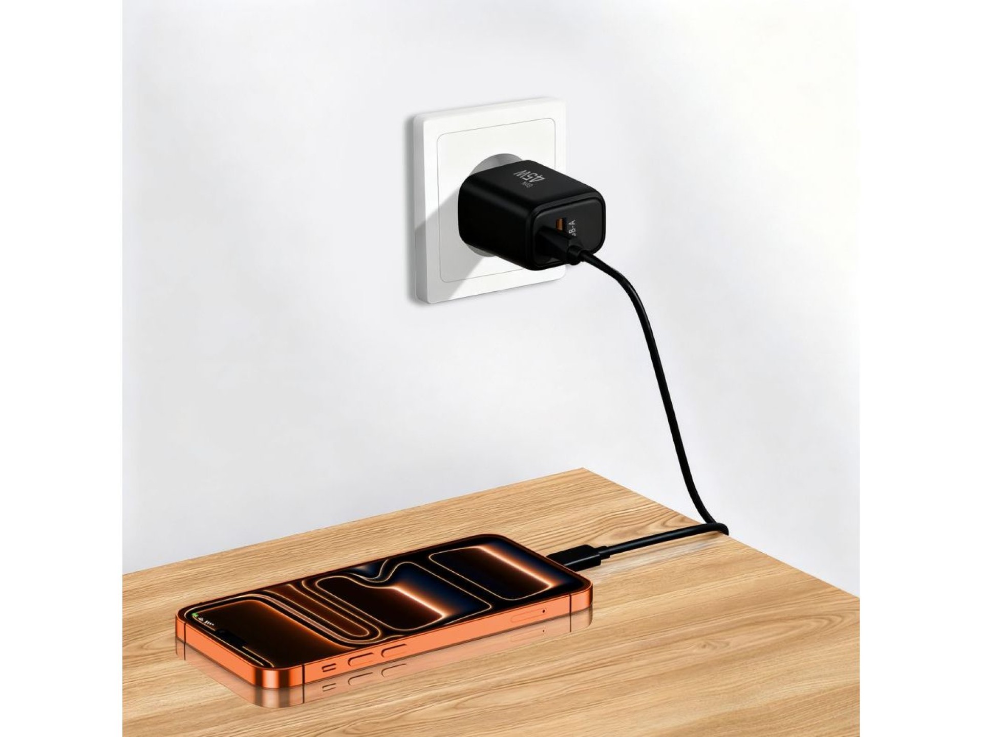 Cargador de pared Tech-Protect NCA45W-GAN de 2 puertos y 45 W con cable USB-C - Negro