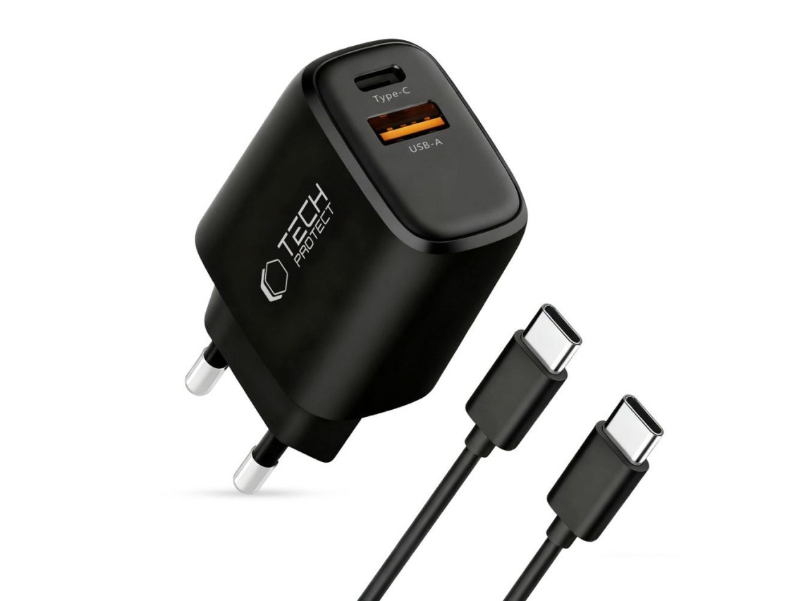 Cargador de pared Tech-Protect NCA45W-GAN de 2 puertos y 45 W con cable USB-C - Negro