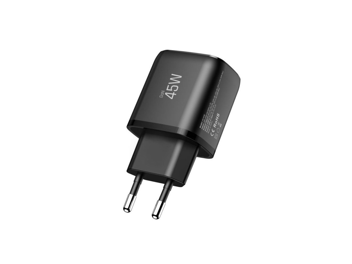 Cargador de pared Tech-Protect NCA45W-GAN de 2 puertos y 45 W con cable USB-C - Negro