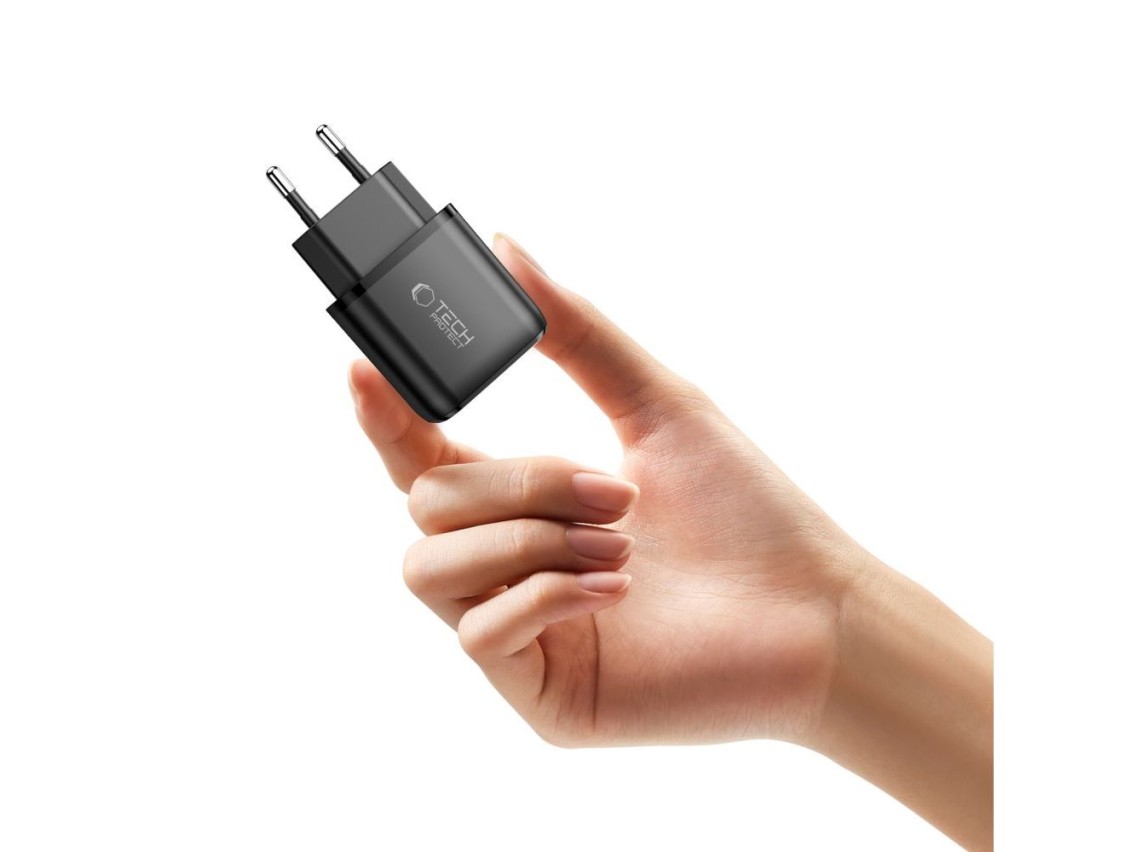 Cargador de pared Tech-Protect NCA45W-GAN de 2 puertos y 45 W con cable USB-C - Negro
