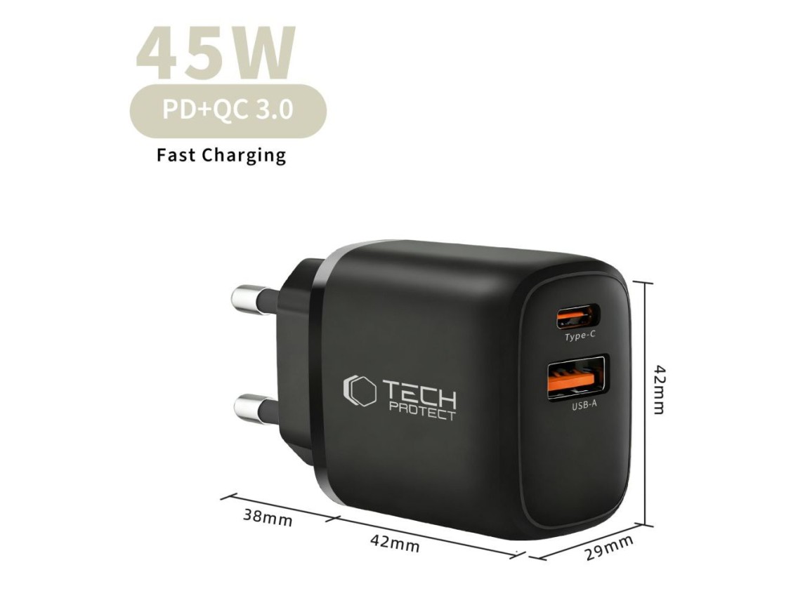 Cargador de pared Tech-Protect NCA45W-GAN de 2 puertos y 45 W con cable USB-C - Negro