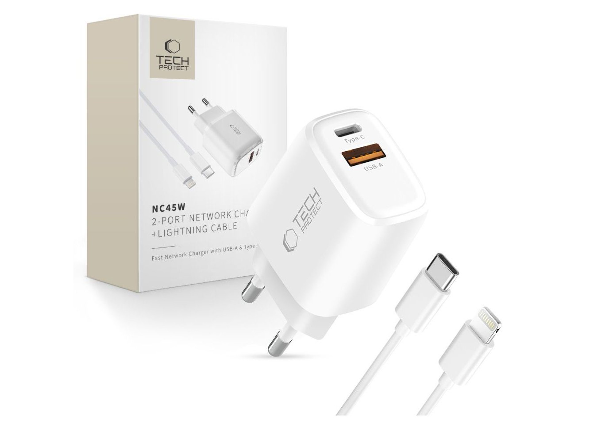 Carregador de parede Tech-Protect NCA45W-GAN de 2 portas e 45 W - Branco