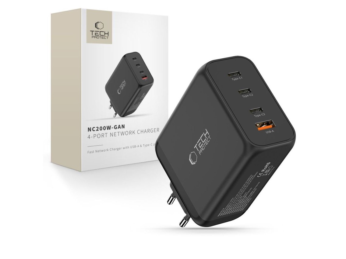 Tech-Protect NC200W-GaN 4-Port 200W Wall Charger - Black