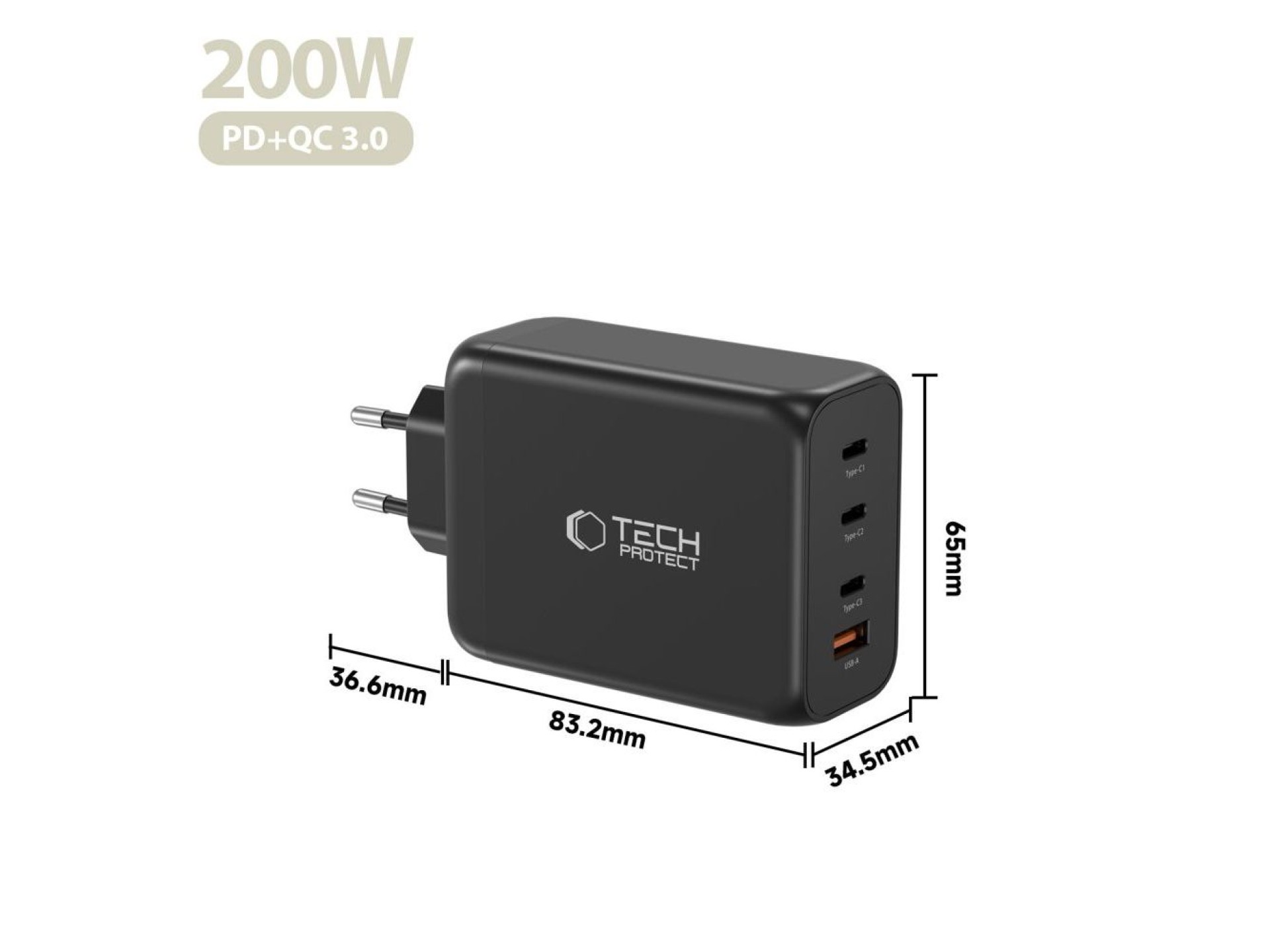 Tech-Protect NC200W-GaN 4-Port 200W Wall Charger - Black