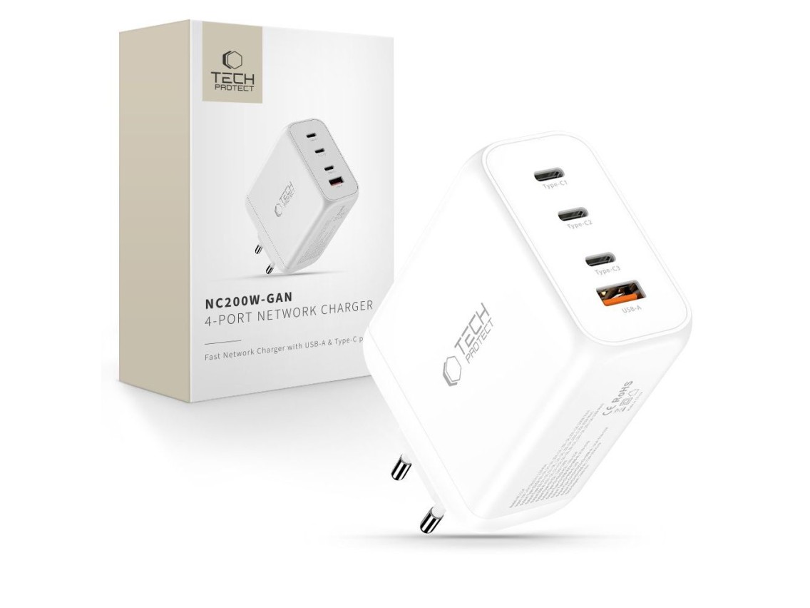 Carregador de parede Tech-Protect NC200W-GaN de 4 portas e 200 W - Branco
