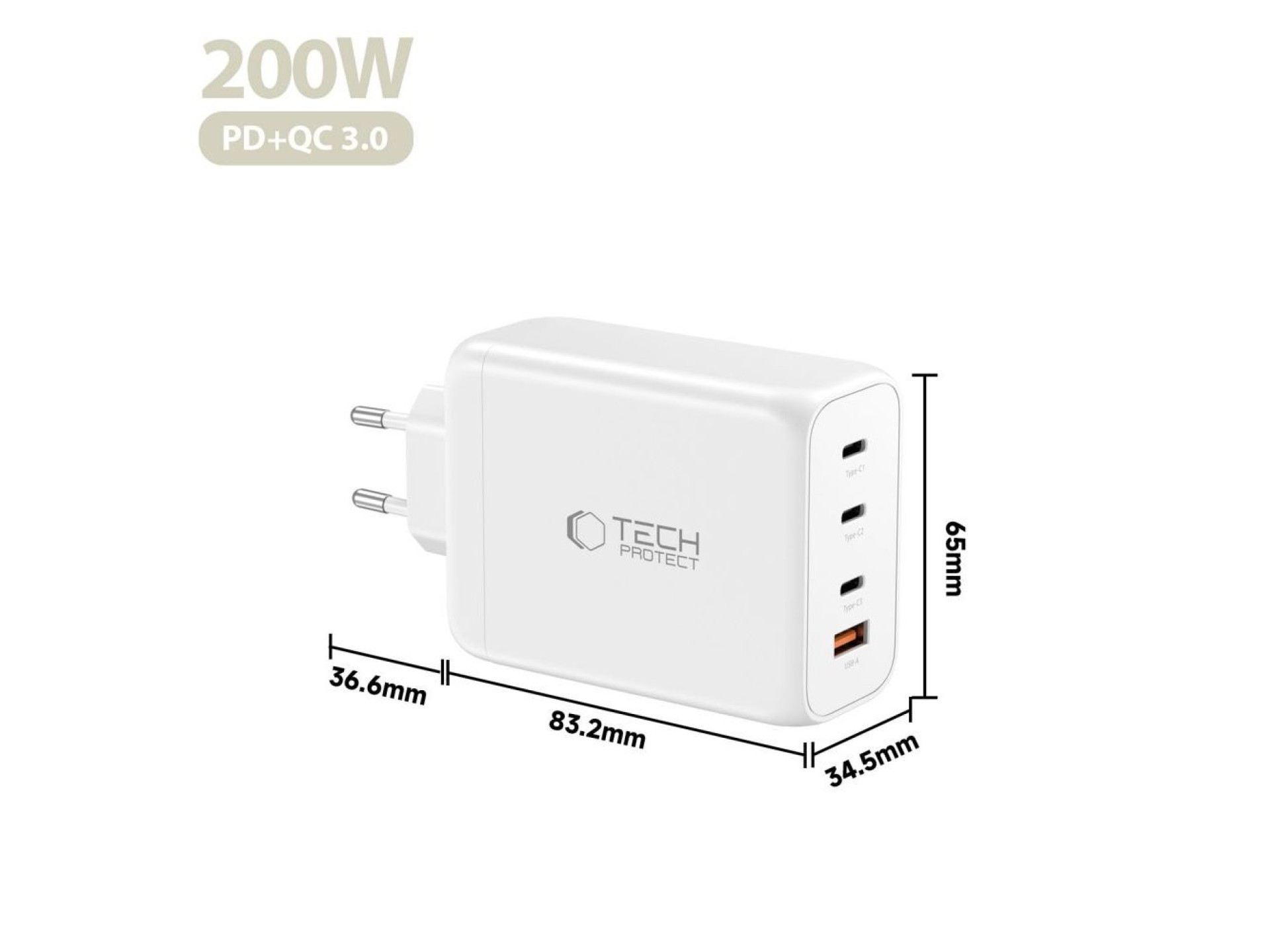 Carregador de parede Tech-Protect NC200W-GaN de 4 portas e 200 W - Branco